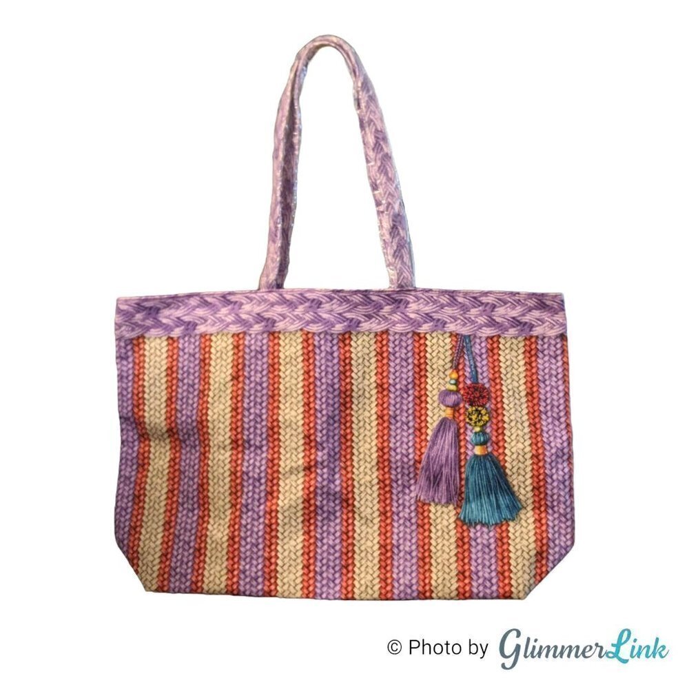 NWOT Estee Lauder Basketweave Tassel Print Tote Bag